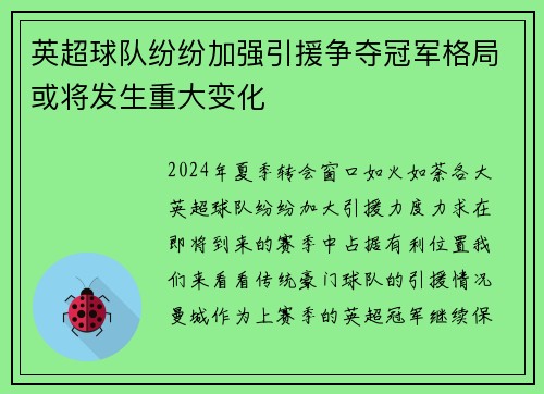 英超球队纷纷加强引援争夺冠军格局或将发生重大变化