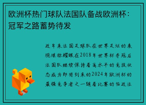 欧洲杯热门球队法国队备战欧洲杯：冠军之路蓄势待发
